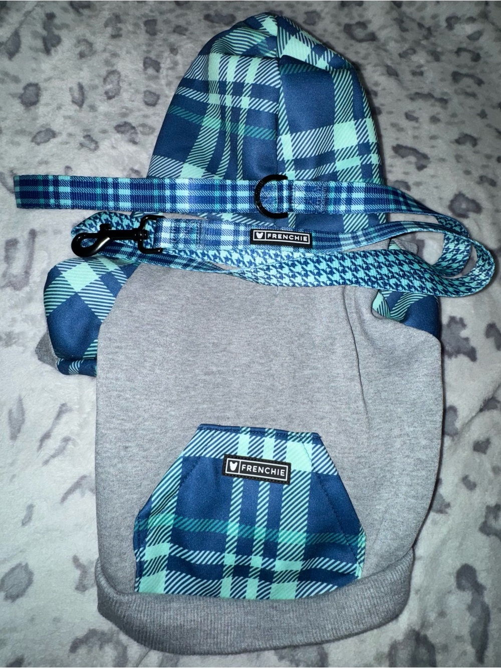 Frenchie Blue Plaid Dog Hoodie with Matching Leash